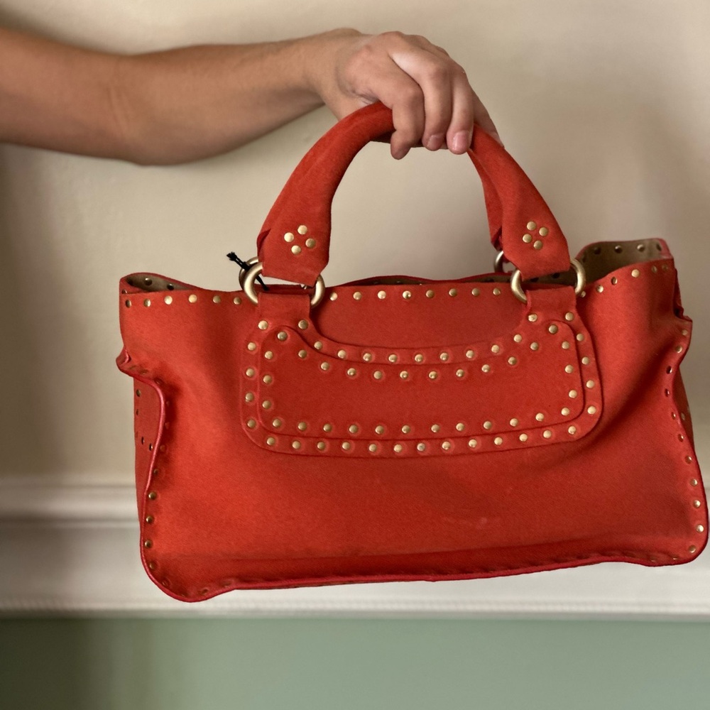 Celine Orange Satchel with Structured Design and Gold Studs